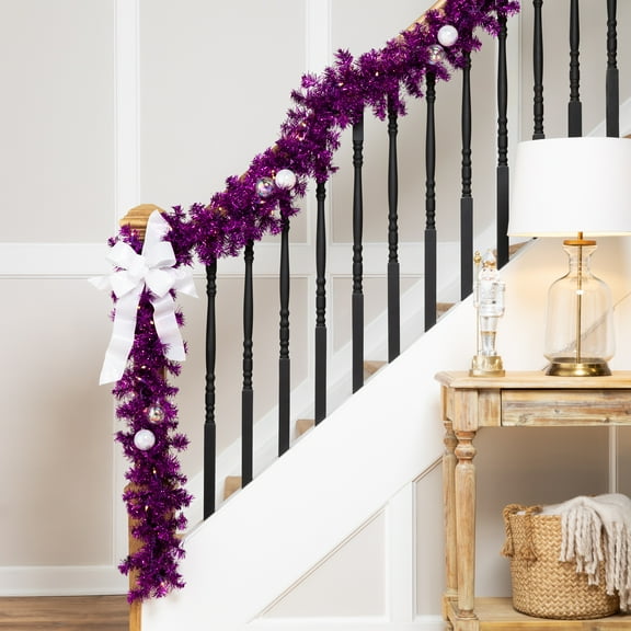 Northlight Pre-Lit  Artificial Tinsel Christmas Garland - 9' x 8" - Purple - Clear Lights