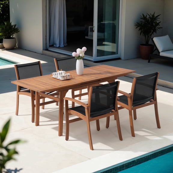 Expandable Wooden Outdoor Dining Set of 5, with Textilene Fabric Chairs, 4-8 Seater Patio Furniture, Adjustable Feet, Wood Table with Umbrella Hole, Ideal for Garden/Backyard/Deck, Black Chair