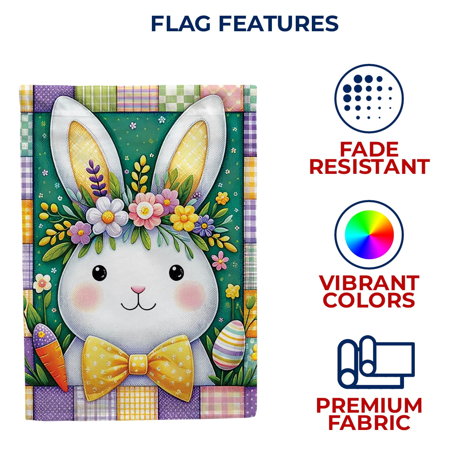 America Forever Patchwork Easter Bunny House Flag, 28 x 40 inch Double Sided, Quilted Bunny Portrait Flag, Country Easter Decor, Spring Patchwork Yard Flag