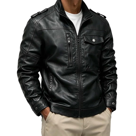 WIZUTIZ Men's Leather Jacket Solid Color Motorcycle Vintage Zipper Pocket Long Sleeve Hoodless PU Coat for Winter Casual Daily Outdoor Mens Fashion
