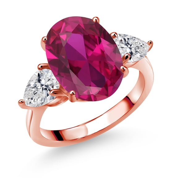 Gem Stone King 18K Rose Gold Plated Silver Red Created Ruby and Lab Grown Diamond Engagement Ring for Women | 4.04 Cttw | Oval 14X10MM | Gemstone July Birthstone | Size 9