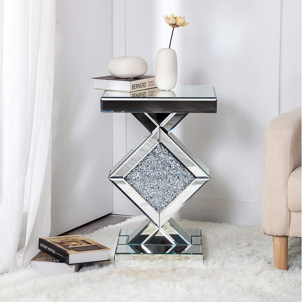 SHYFOY Mirrored End Table with Crushed Crystals Inlay, Sofa Table Modern Side Table Silver Accent Table for Living Room
