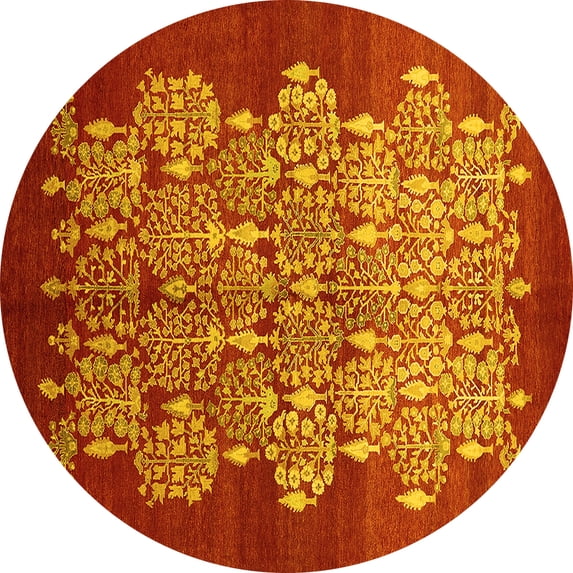 Ahgly Company Machine Washable Indoor Round Oriental Yellow Industrial Area Rugs, 6' Round
