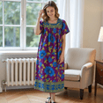 thumbnail image 3 of Loungees Multi-Color Border Print Muu Muu Lounge Dress with Square Neck Yoke​ | Loungees, 3 of 4