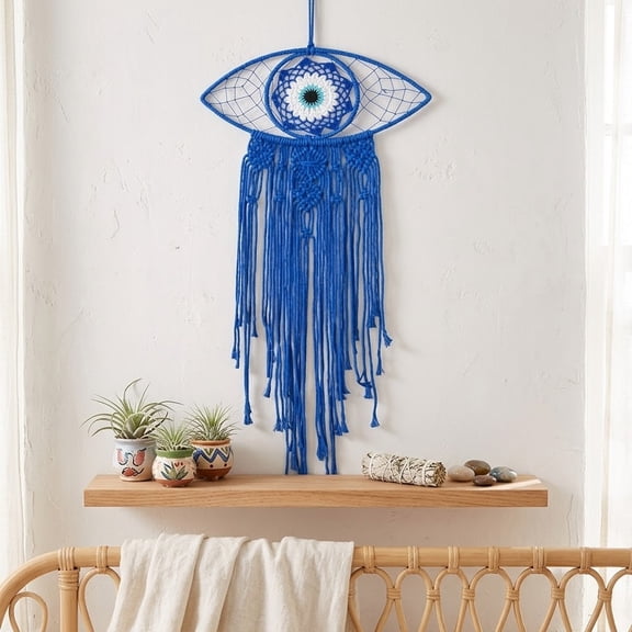 Kmonabie Hand Woven Macrame Wall Hanging, Cotton Tassel Dreamcatcher Boho Home Wall Decor, 3 Colors for Bedroom Living Room Entryway, Blue