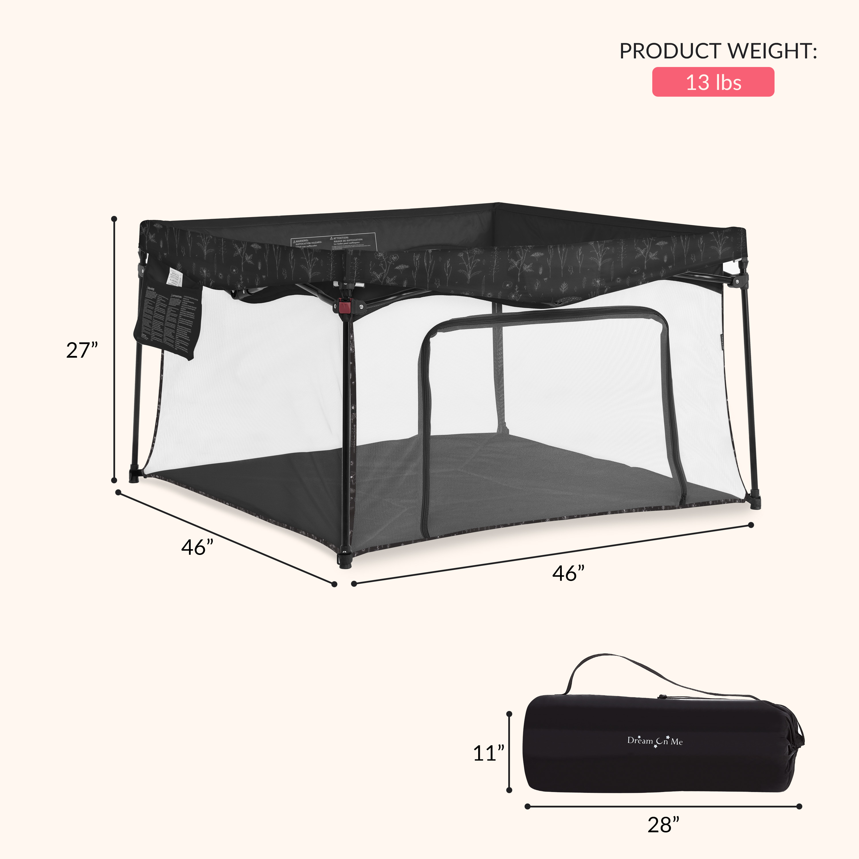 Dream On Me Ziggy Square Playpen, Black and White, Unisex
