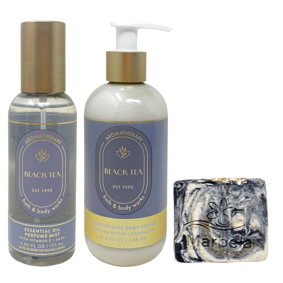 Bath & Body Works Aromatherapy Black Tea Essential Oil Perfume Mist and Body Lotion with a Charcoal Scrub Bar Soap