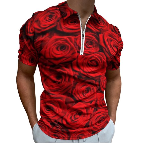 Valentine's Day Rose Flower Men Zipper T-shirt Summer Casual Short Sleeve T-shirt Top