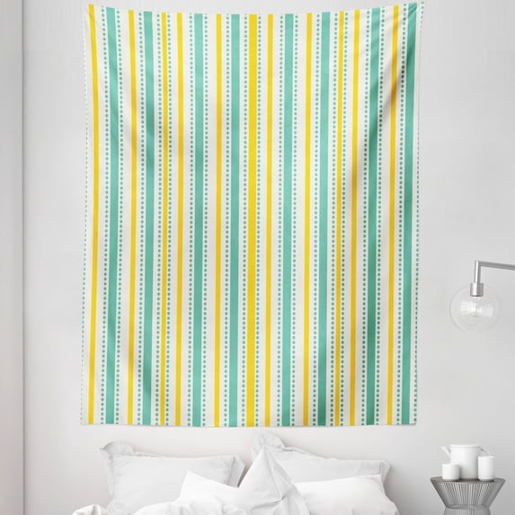 Geometric Tapestry, Summer Season Inspired Exotic Toned Vertical Stripes and Dots Abstract, Fabric Wall Hanging Decor for Bedroom Living Room Dorm, 5 Sizes, Seafoam Yellow White, by Ambesonne