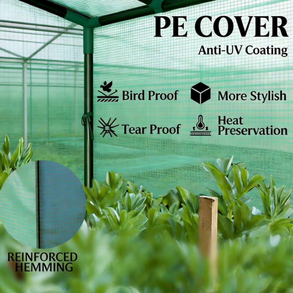 Lean-to-Wall Mini Greenhouse Green UV-Resistant PE Cover, Roll-Up Door & Mesh Windows, Pent Roof Anti-Rain Accumulation, Stable with Guy Ropes & Ground Stakes
