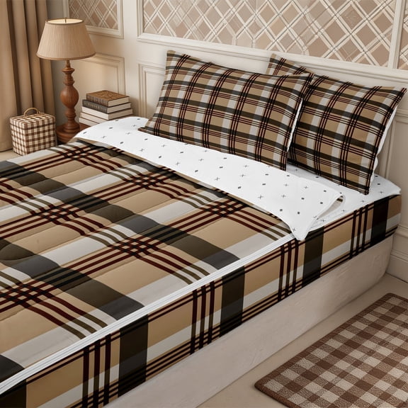 Erosebridal Geometric Plaid Zipper Twin Comforter Sets with Fitted Sheet and 2 Pillowcases,Minimalist Checkered Zipper Bedding Set,Brown,Reversible