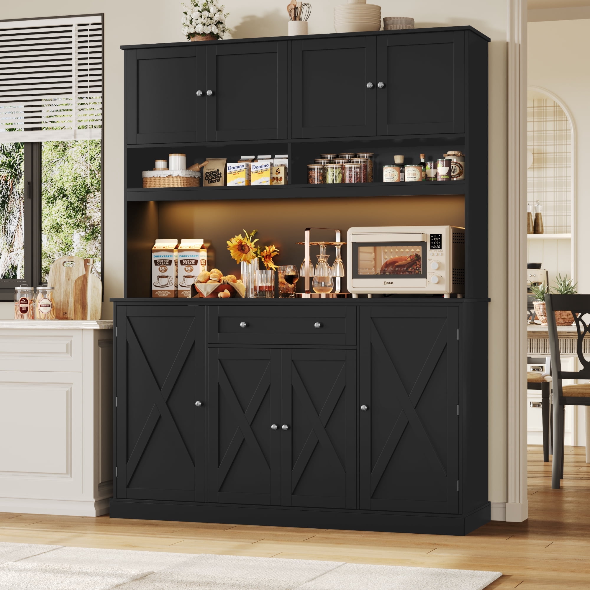 Homfa 72.8'' Tall Kitchen Pantry Cabinet with LED Lights & Charging Station, 8 Doors Storage Cabinet with Drawers & Shelves & Countertop, Kitchen Hutch with Adjustable Shelves for Dining Room, Black