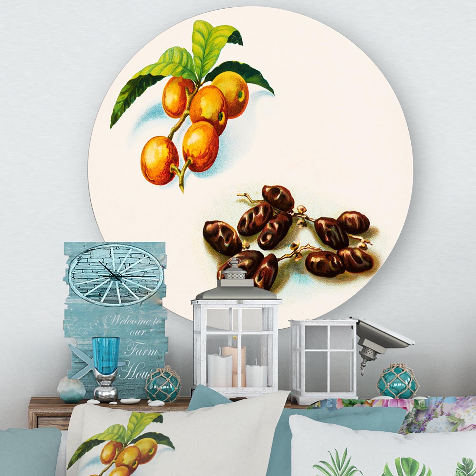 Designart 'Ancient Fruits IV' Farmhouse Circle Metal Wall Art 23x23 - Disc of 23