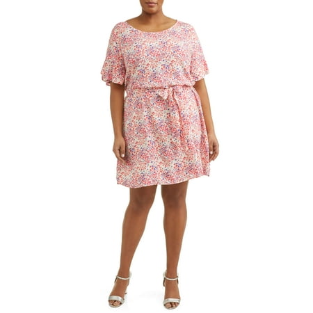Tie Waist Linen Dress - Women's Plus Size Short Sleeve Woven Tie Waist Dress with Ruffle Sleeve