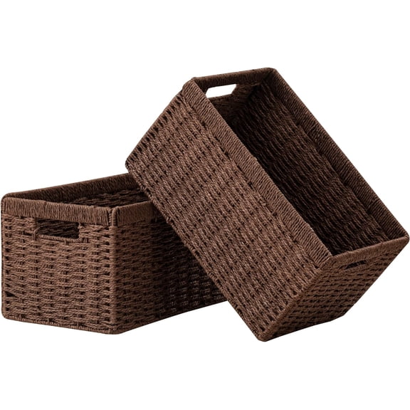 2 Pack Wicker Basket, 13.4L×8.3H×7.1W inch Woven Paper Rope Storage Baskets for shelves, Foldable Rectangular Storage Baskets with Handle, Storage Basket for Organizing, Dark Brown
