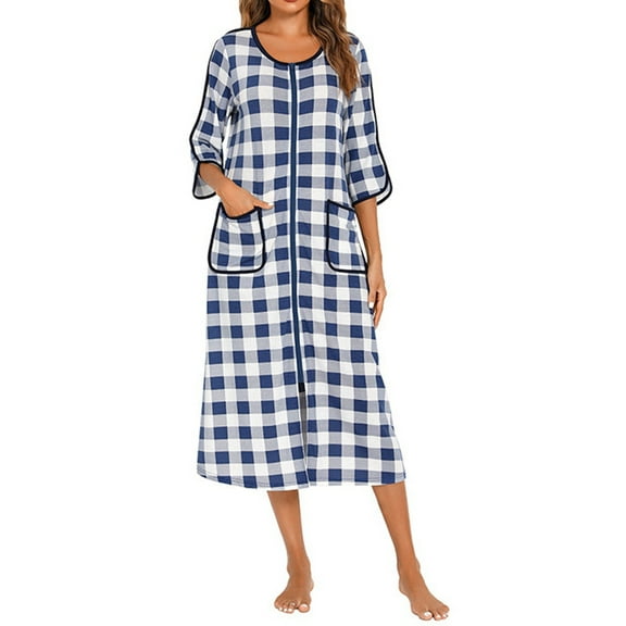 Women Long House Coat Zipper Front Robes Full Length Nightgowns with Pockets Striped Loungewear Blue & White XL