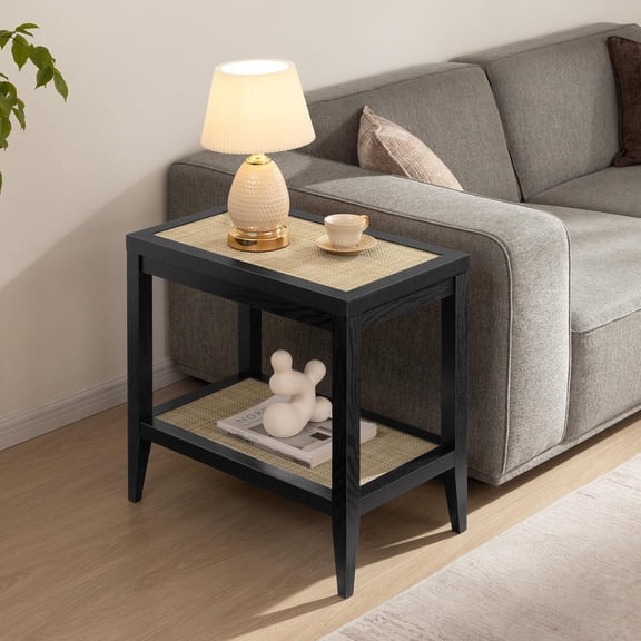 Rattan Nightstand Bedside Table - Farmhouse  Narrow Accent End Table with  Open Rattan Shelves for Bedroom, Living Room, Small Spaces