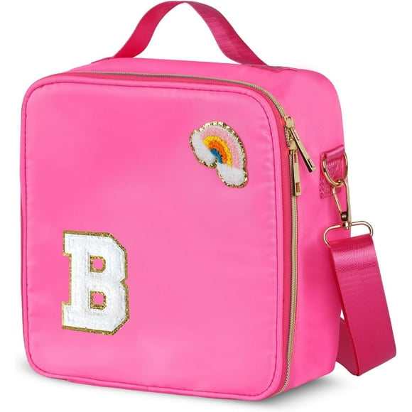 shiyou-Insulated Nylon Lunch Box for Girls, Kids, and Women-Stylish (Letter 'B'),Pink Preppy Large Lunch Bag with Adjustable Strap, Tote for School, Travel, and Picnics-Ideal Preppy Stuff Choice