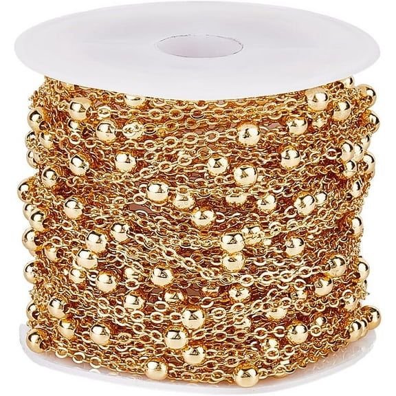 33 Feet/10M Real 18K Gold Plated Brass Satellite Chains Ball Beads Chain Bulk Metal Pull Extension Connectors Round Balls Chains Roll with Plastic Spool for Jewelry Making Necklace DIY Craft