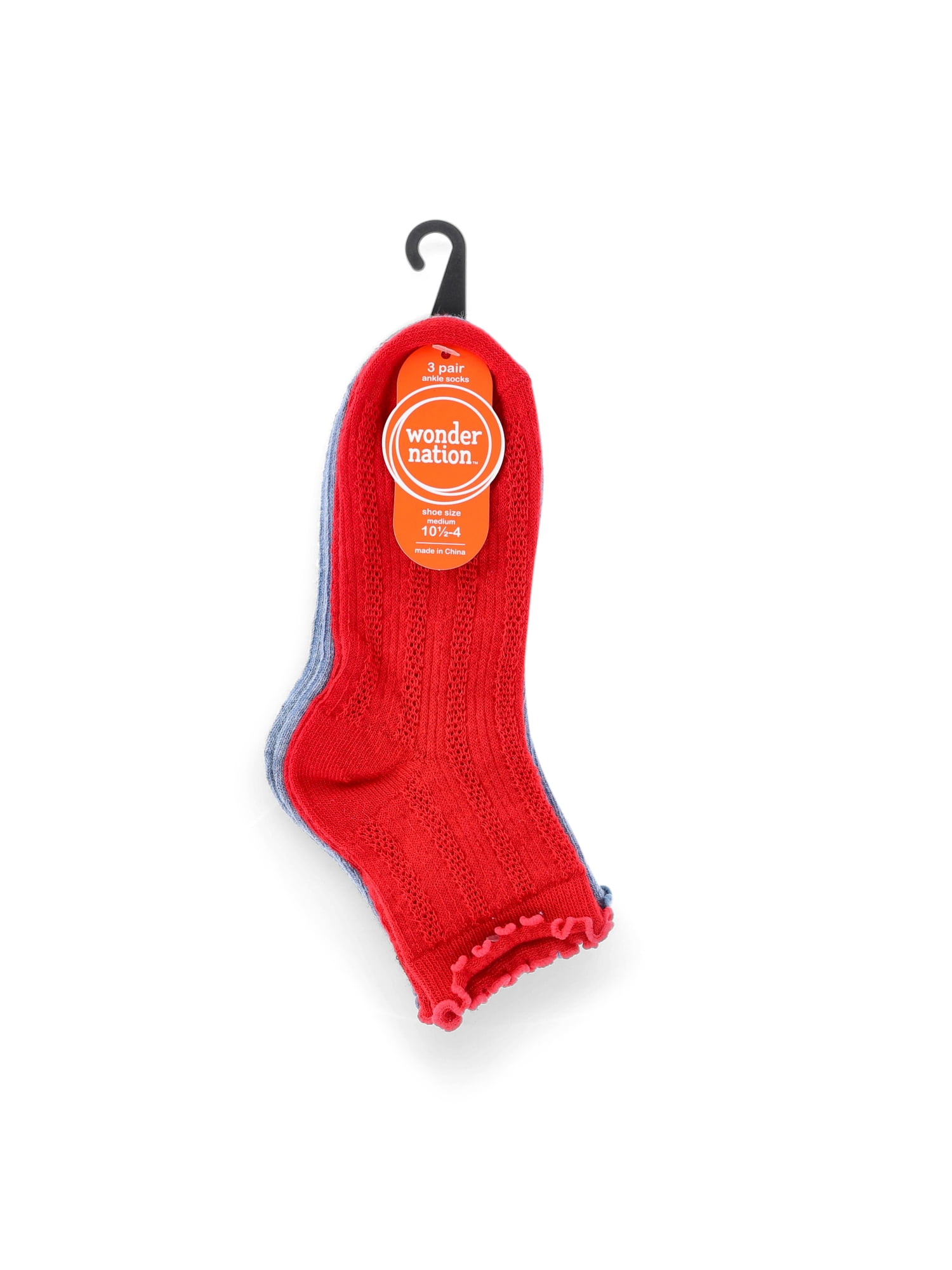 Wonder Nation Girls' Textured Lettuce Edge Ankle Socks, 3-Pack, Sizes S-L
