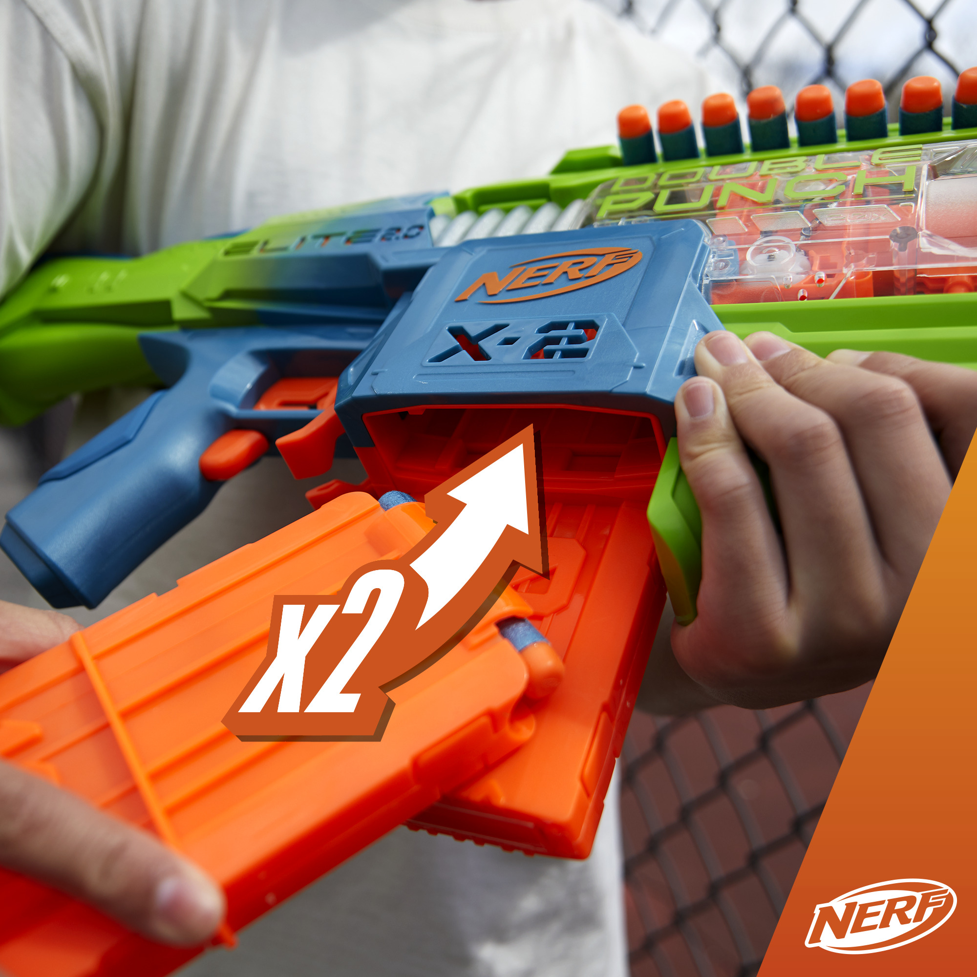 Nerf Elite 2.0 Double Punch Motorized Electronic Blaster, 50 Elite Darts, 2x 10-Dart Clips