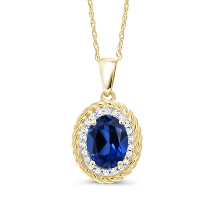 14k Blue Sapphire Cufflinks - 1.75 Ct Oval Blue Simulated Sapphire White Diamond 14K Yellow Gold Pendant