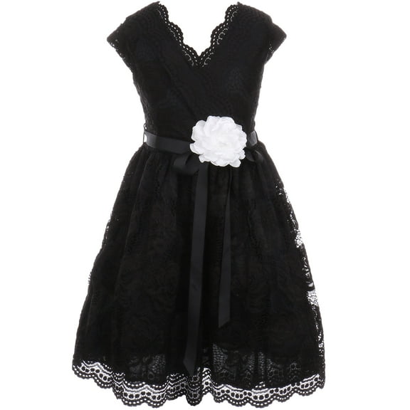 Little Girl Cap Sleeve V Neck Flower Border Stretch Lace Corsage Belt Flower Girl Dress (20JK66S) Black 2
