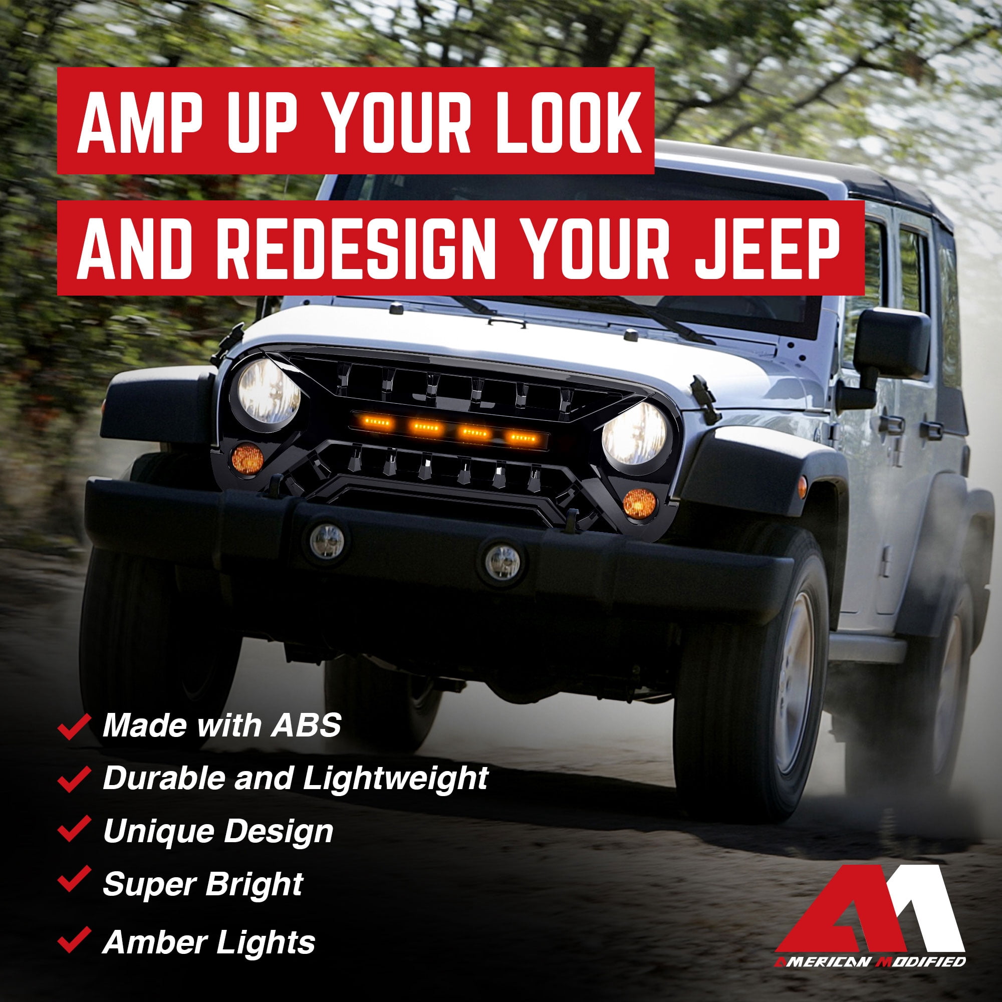 AMERICAN MODIFIED Grille 07-18 Jeep Wrangler JK w/ Amber LED, Glossy Black