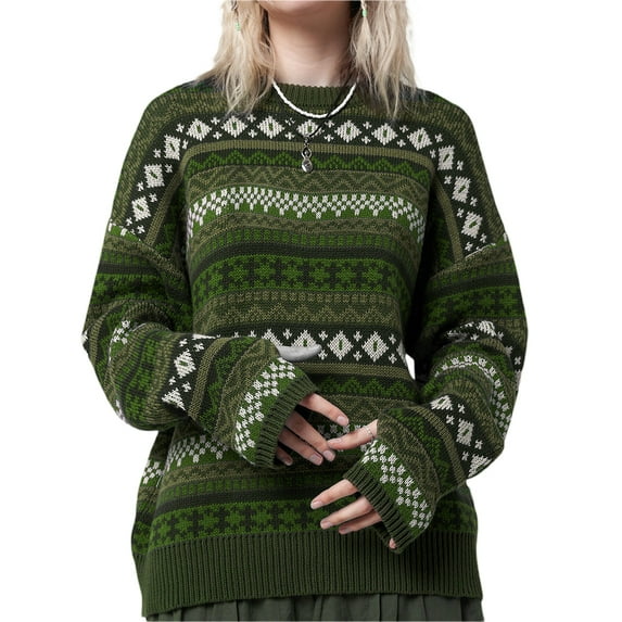 Blotona Women Argyle Striped Pullover Sweater Casual Long Sleeve Round Neck Vintage Preppy Style Pullover Knitwear for Teen Gilrs