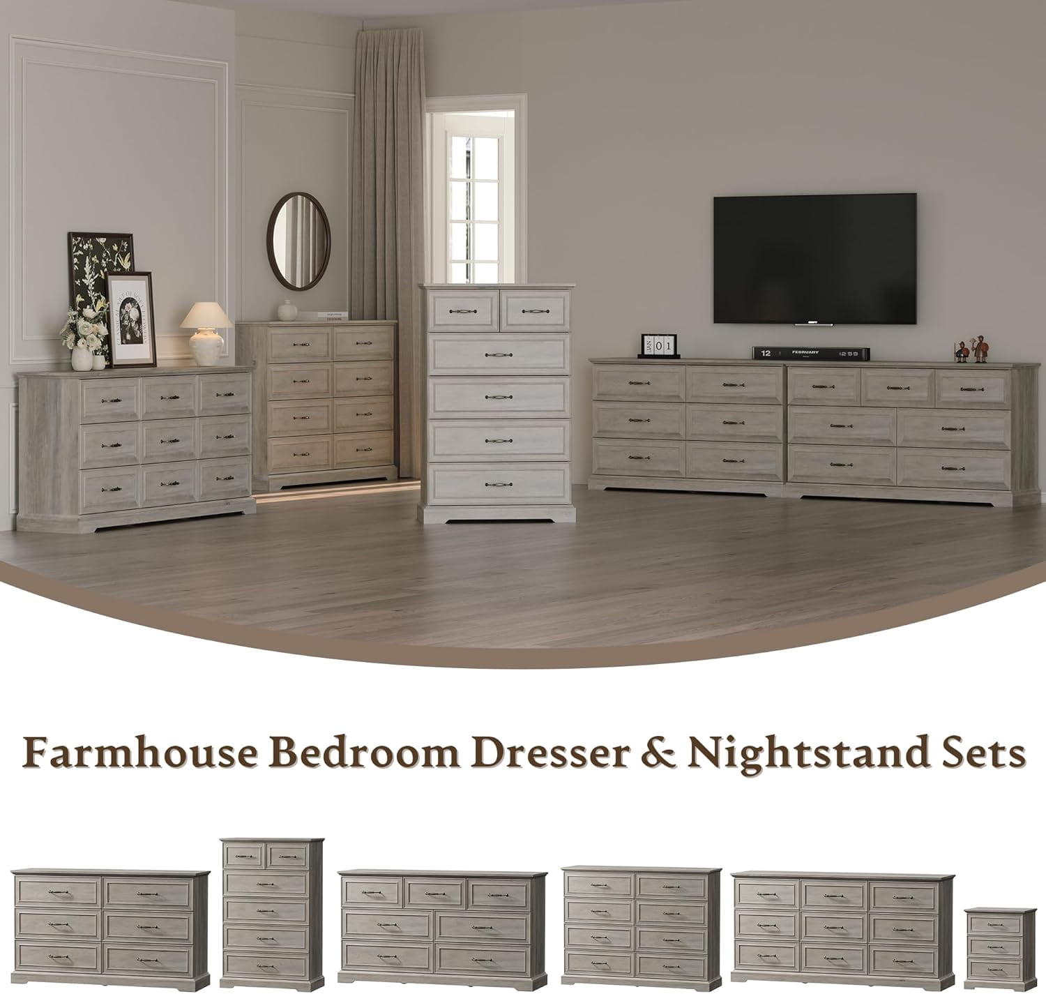 FANRAL 6 Drawers Dresser for Bedroom,Wood Rustic Storage Cabinet Chest of Drawers,Farmhouse Large Drawers with Metal Handles,Light Gray Dresser(Plus)