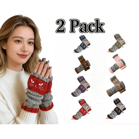 Aihuaihua 2 Pack Cat Embroidery Splicing Knitted Gloves Warm Gloves Fashion Leaky Finger Casual Women's Glove