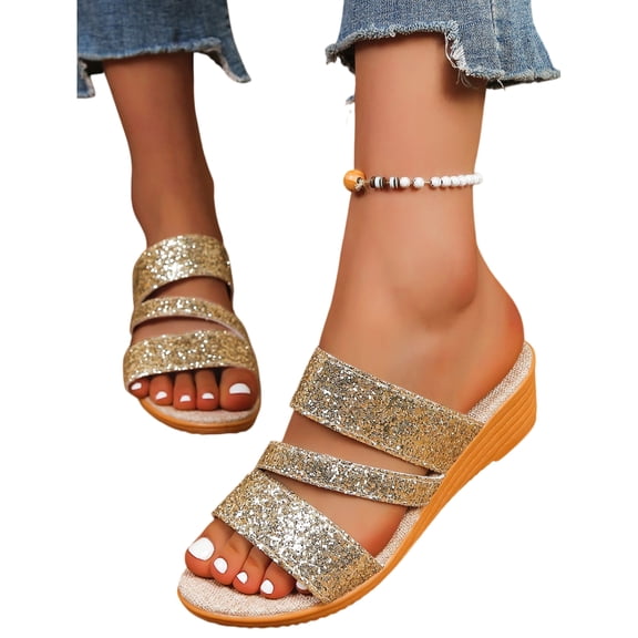 Willtoo Women's Glitter Sequins Peep Toe Platform Wedge Slip On Mules Plus Size Summer Orthopedic Sandals