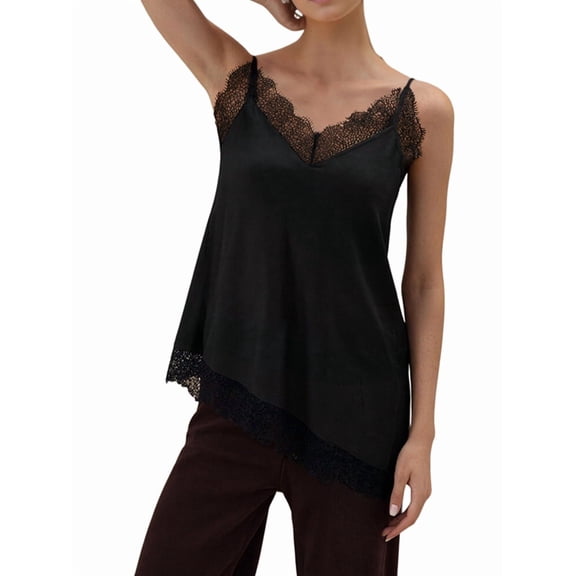 Lace Trim Satin Camis Tops for Women Spaghetti Strap V Neck Silk Camisole Going Out Party Shirts Black L
