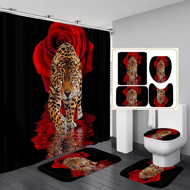 Juego de Cortina de Ducha Leopardo con Rosas Rojas JIEPROM 4 Piezas 180x180 cm