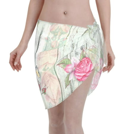 Adobk Women Beach Sarong Bathing Suit Vintage Wood With Floral Print Wrap Skirt Sheer Bikini Swimsuit Cover Ups For Swimwear