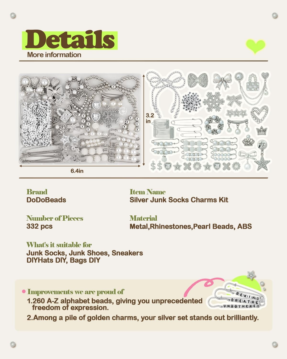 NeoMart -  332 Pcs Junk Socks Charms Kit, Silver Shoe Charms for Sneakers, Pearl and Rhinestone Sock Charm with Safety Pins, DIY Accessories for Decorating and Personalizing Socks