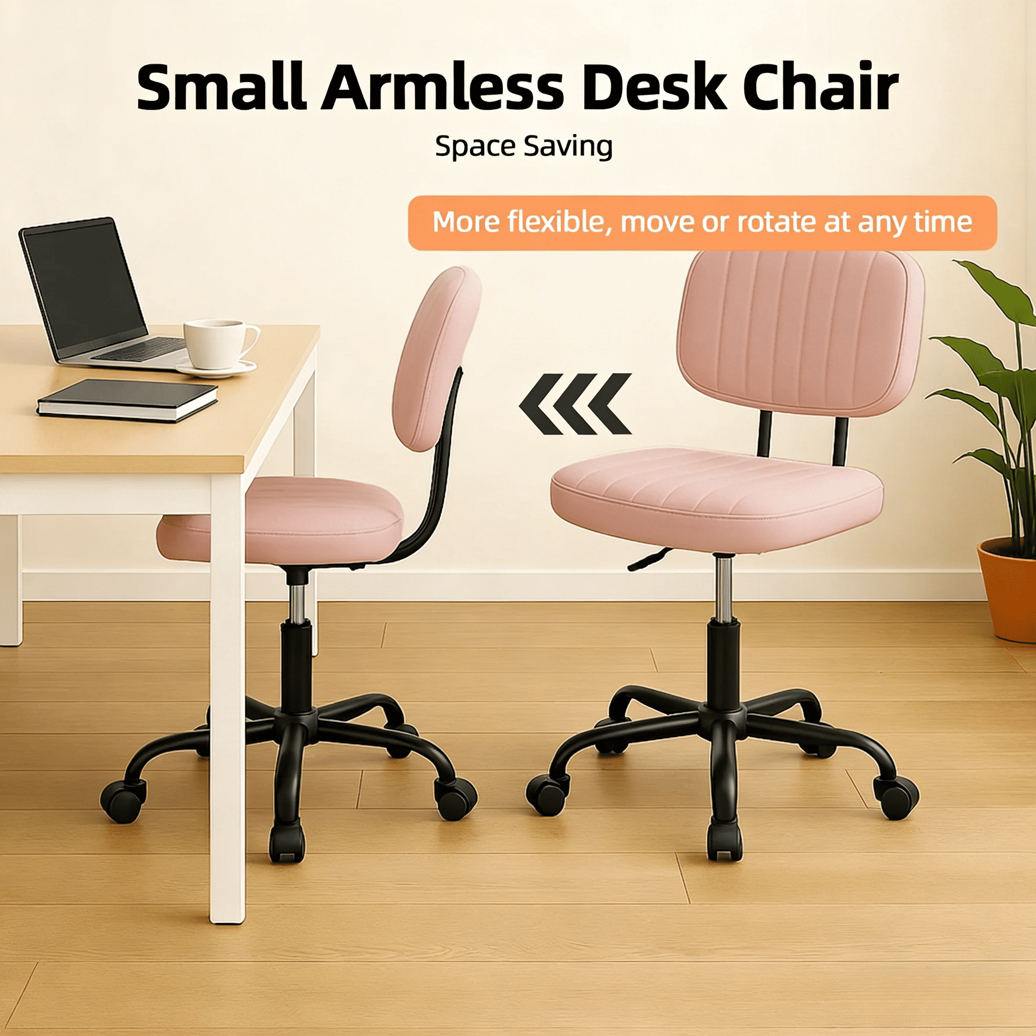 CONCETTA Ergonomic Home Office PU Leather Desk Chair, Small Space, Armless Rolling Chair for Adults, Pink