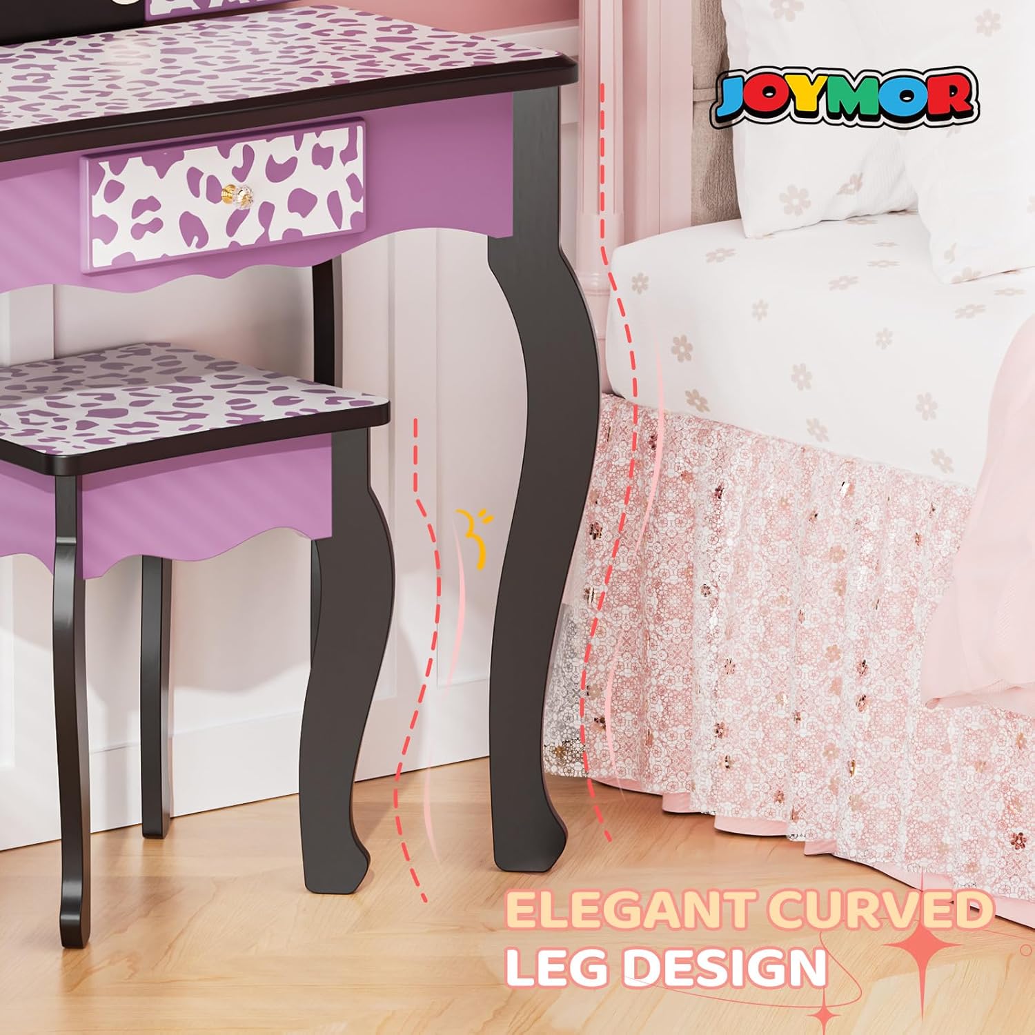 Matladin Kids Vanity Table and Chair Set with Leopard Print, Tri-Fold Mirror & Lights, Girls Vanity, Princess Makeup Desk for Girls