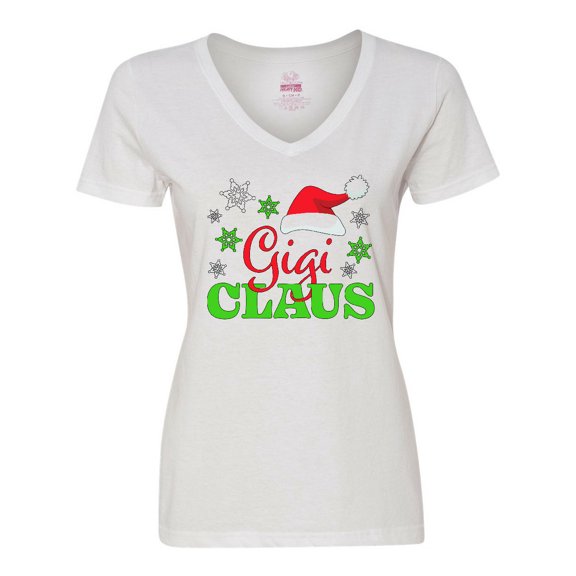 Inktastic Gigi Claus with Christmas Santa Hat and Snowflakes Women's V-Neck T-Shirt