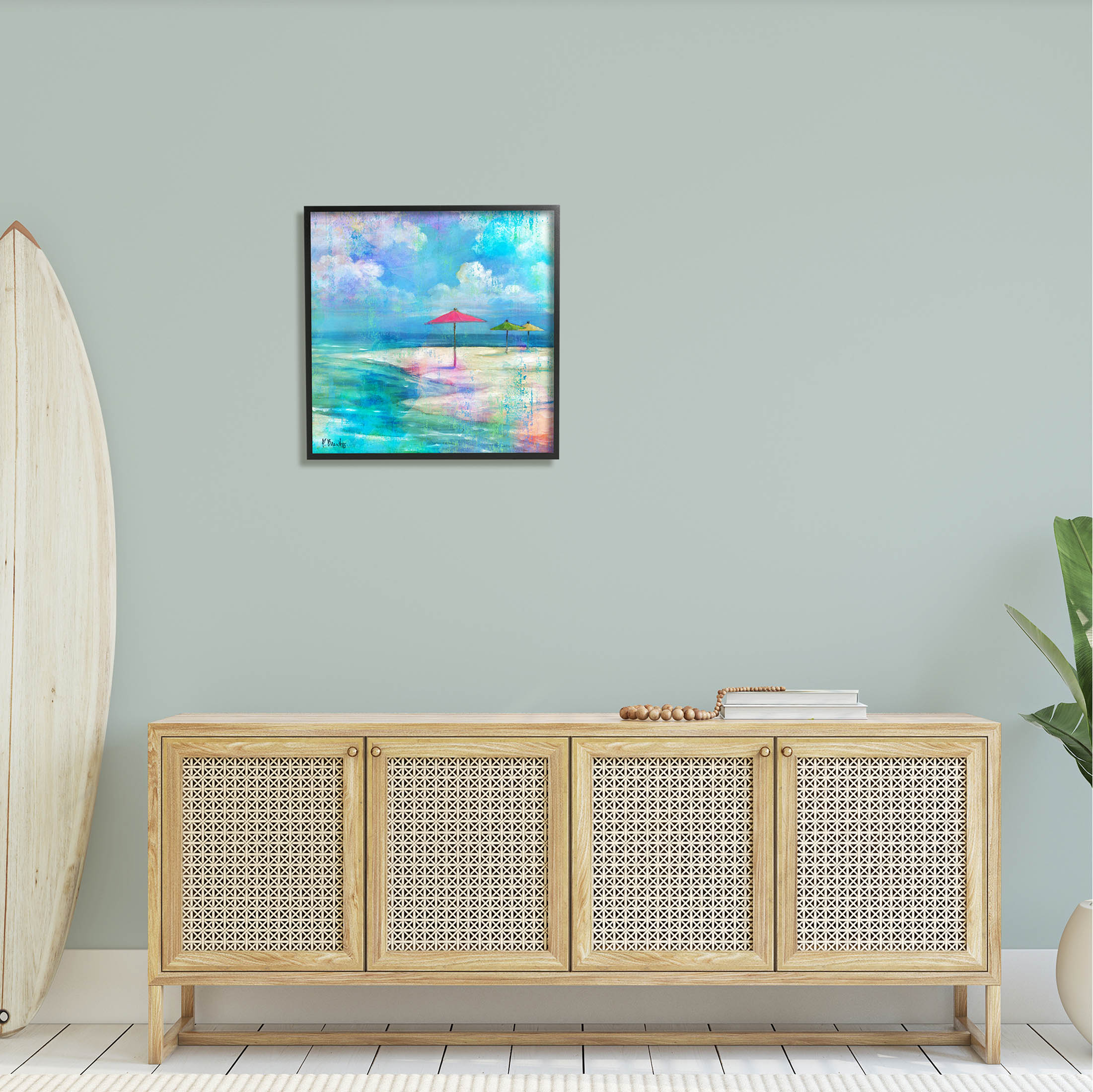 Stupell Industries Umbrella Beachscape Watercolor Mirage Painting Black Framed Art Print Wall Art, Design by Paul Brent