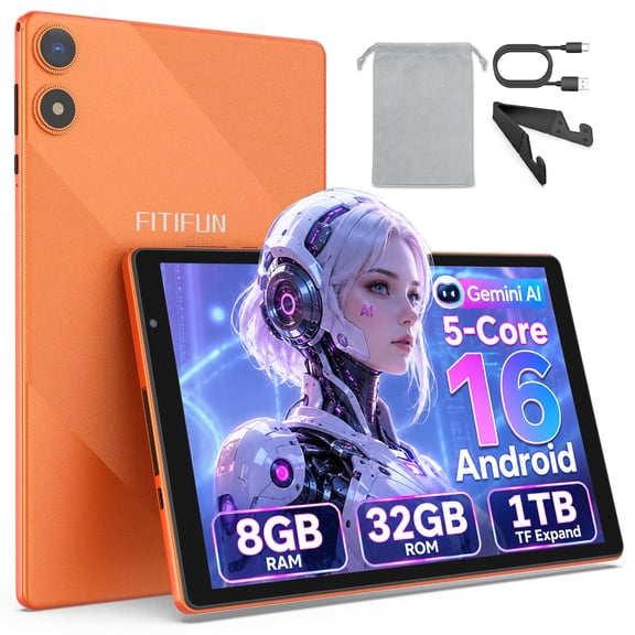 FITIFUN 10.1 inch Android 16 Tablets,8GB RAM 32GB ROM 1TB Expand,Five-Core,HD Display,Gemini AI-Orange