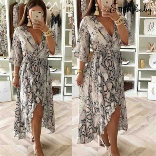 v neck long sleeve printed split casual dress