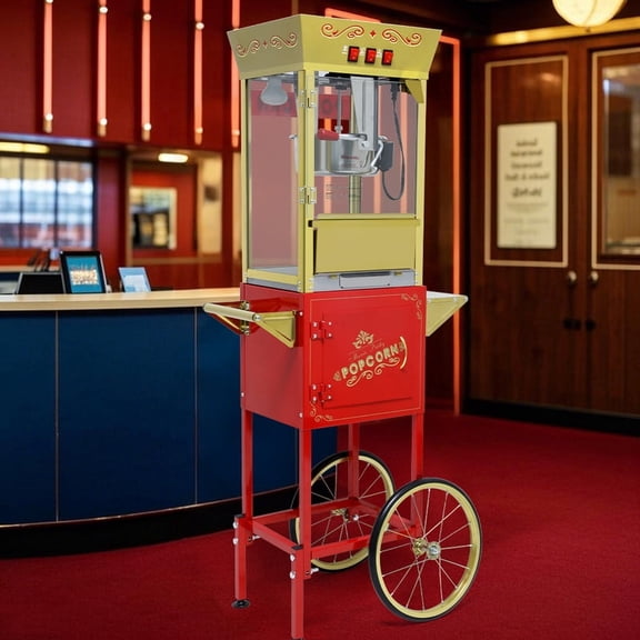 12oz Popcorn Machine Cart, Popcorn Cart with Wheels, Vintage Popcorn Machine with Stainless Steel Kettle, Movie Theater Style Popcorn Machine for Party, Red
