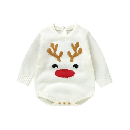 

Christmas Baby Girls Boys Knit Clothes Romper 3M 6M 9M 12M 18M Cartoon Elk Long Sleeve Crew Neck Print Knitwear Bodysuit Newborn Infant Playsuit