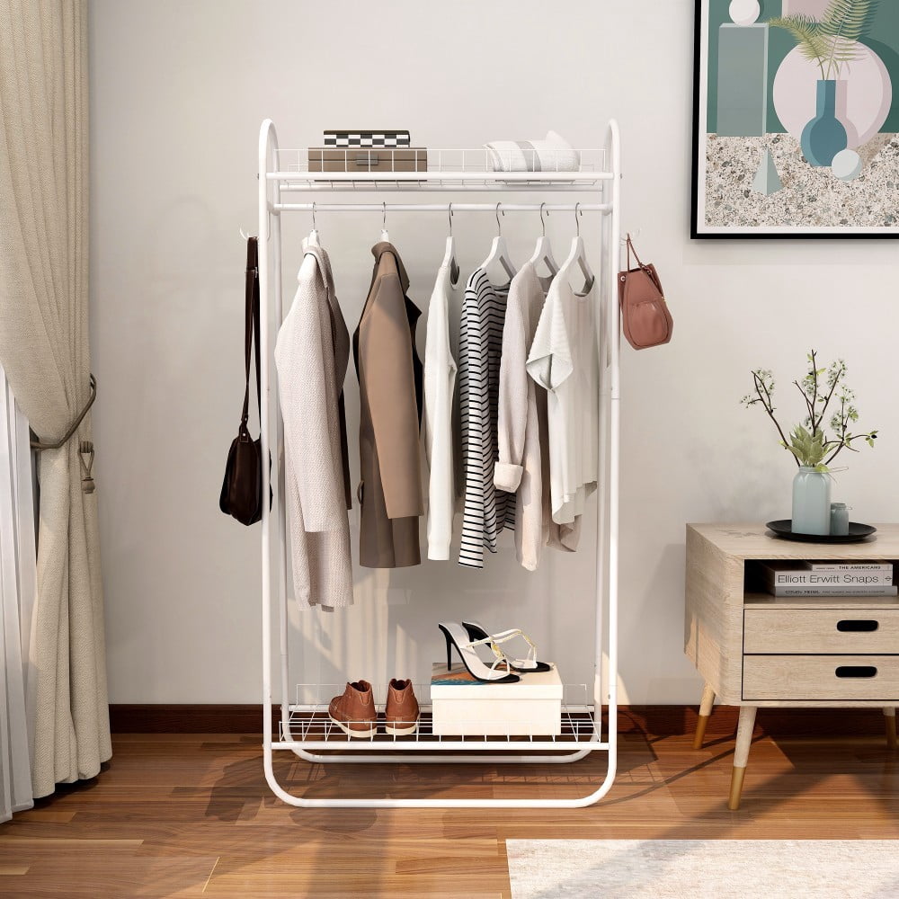 Heavy Duty Garment Rack, Freestanding Metal Clothes Rack with Double Shelves, 200 lbs Capacity, Portable Rolling Clothing Rack, White
