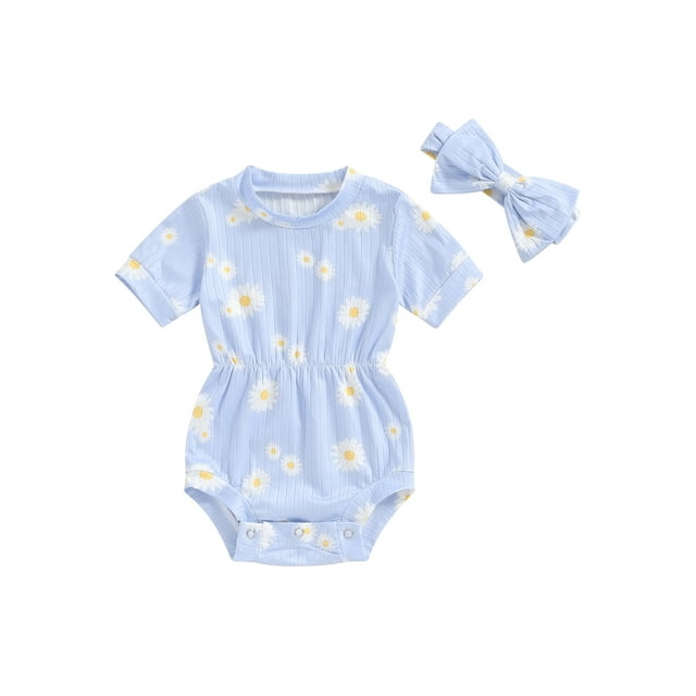 EYIIYE Toddler Little Girl 2 Piece Summer Set 0 3M 6M 9M 12M 18M Infant Baby One-piece Rompers Round Neck Jumpsuits Daisy Print Ribbed Short Sleeve Bods Fashion Casual Cute Outfits for Daily