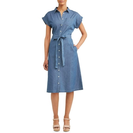 Time and Tru Women s Belted Midi Shirt Dress with Pocket Time and Tru Women s Belted Midi Shirt Dress with Pocket