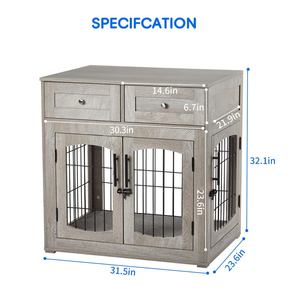 Dog Crate Furniture Heavy Duty 31.5/40 Inch Wooden Indoor Multi-Functional Dog Kennel End Table with 2 Storage Drawers 3 Doors for Small Medium Large Dog