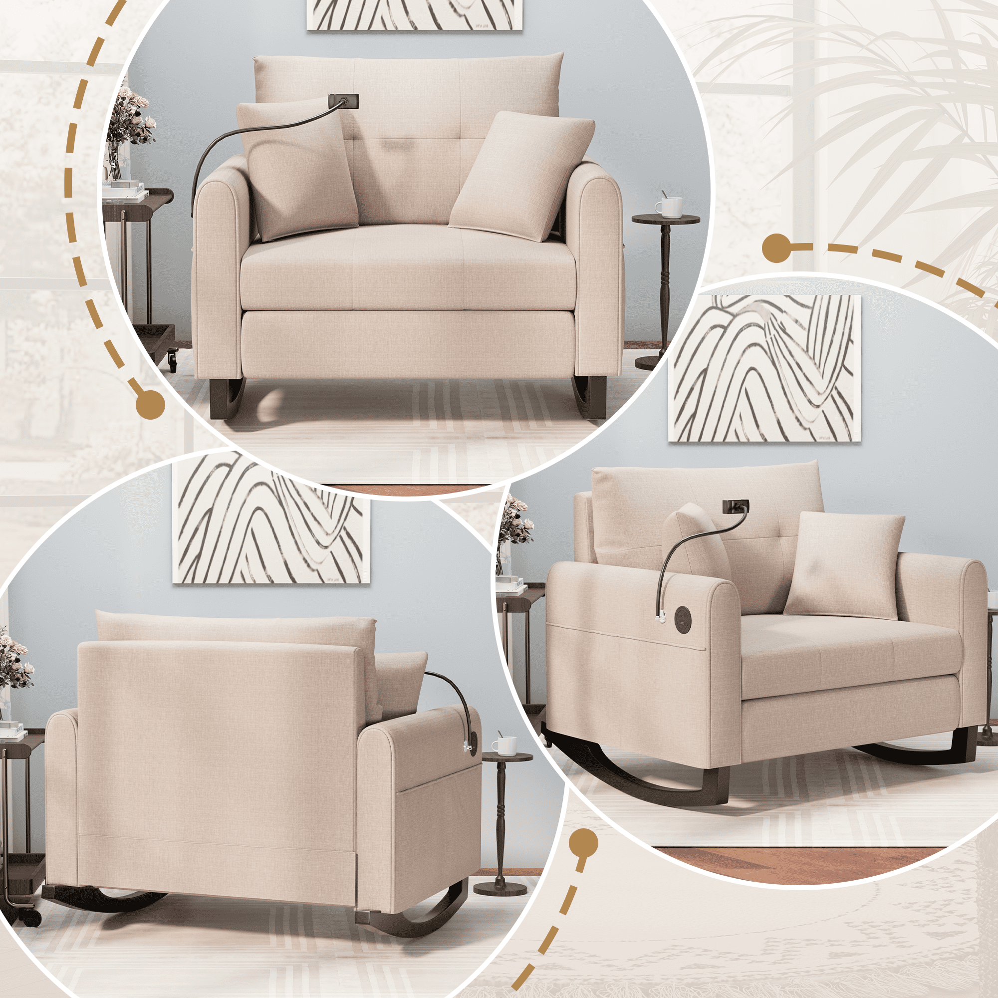 HOMREST Adult Double Wide Rocker Glider with Phone Handle and USB, Beige