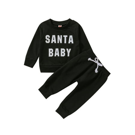 

WPNAKS 2 Pieces Baby Suit Set Christmas Letter Print Round Neck Long Sleeve Tops+ Long Pants for Girls Boys 0-24 Months